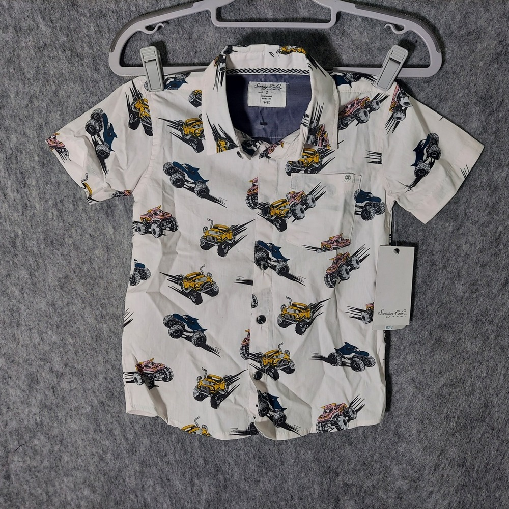 Sovereign Code Button Down Boys 5 White Rally Ecru Monster Truck SS Woven Shirt